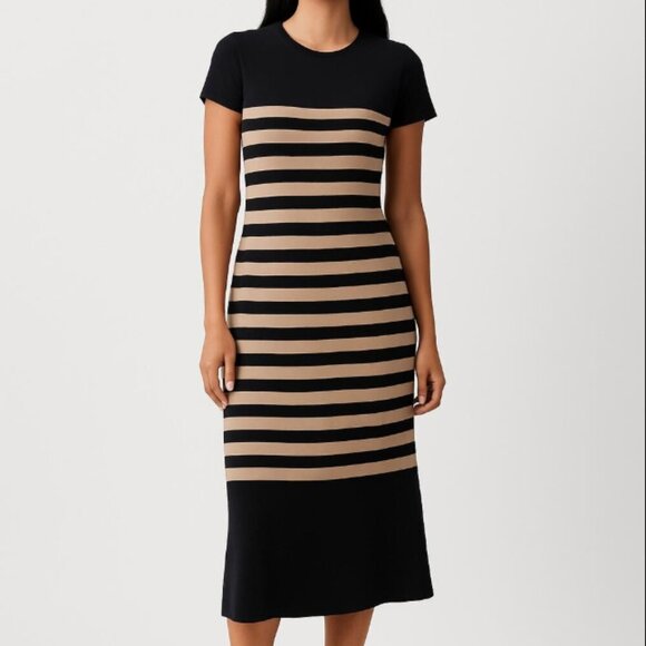 J Crew T Shirt Cotton Midi Dress Large Black Stripe Crew Neck ALine Relaxed - Picture 5 of 7